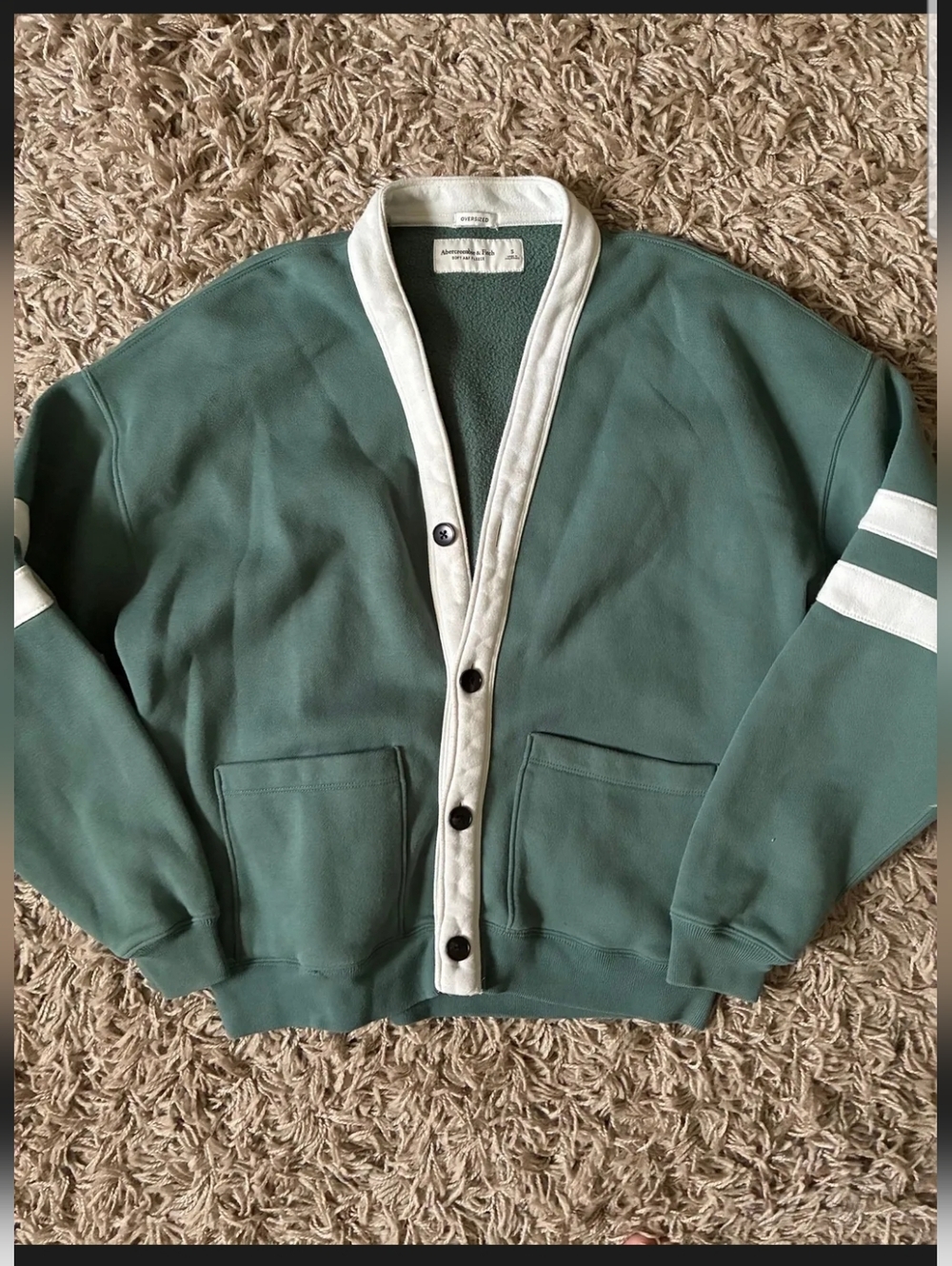 Abercrombie & Fitch Oversized Sage Green Button-Up Cardigan Jacket w/ White Trim
